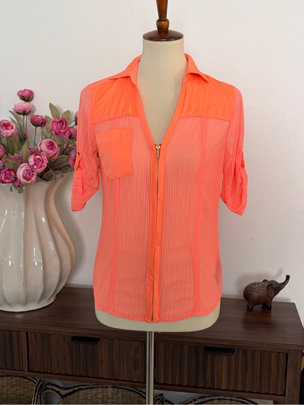 bebe Zip-Front Button Down Shirt | Sheer Top | XS